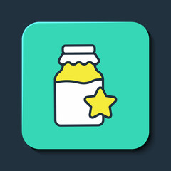 Filled outline Jar of honey icon isolated on blue background. Food bank. Sweet natural food symbol. Turquoise square button. Vector