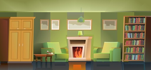 Room interior with fireplace, armchairs, wardrobe and bookshelves. Evening time and soft light of the lamp. Cozy living room with furniture and paintings. Nice cartoon style design. Vector