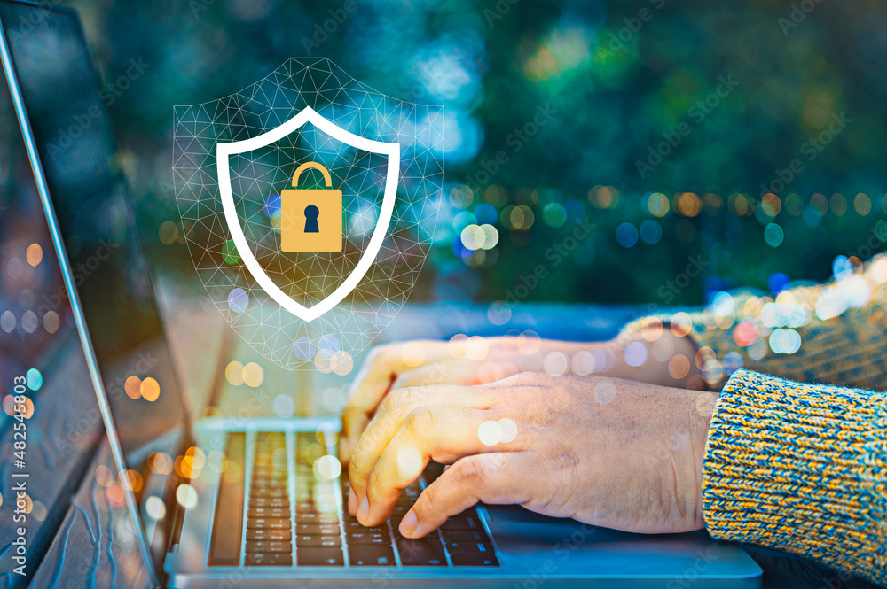 Poster laptop computer with data protection, cyber security, information safety and encryption concept. int