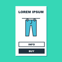 Filled outline Drying clothes icon isolated on turquoise background. Clean pants. Wash clothes on a rope with clothespins. Clothing care and tidiness. Vector