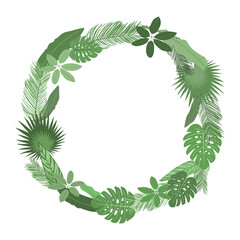 Tropical greenery wreath, jungle green leaves, white background. Vector illustration. Design template for greeting cards, wedding invitations.