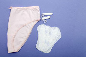 women's briefs with tampons and panty liners . hygiene and women's health care concept