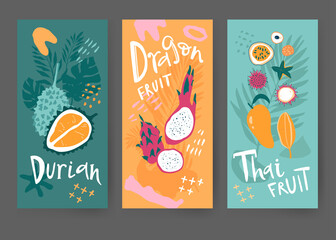 Tropical fruits and jungle leaves cards. Bright and juicy fruits in simple elegant style with abstract shapes.