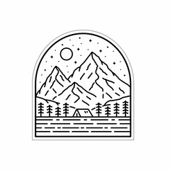 design of camping nature, mountains, lake in mono line art, patch badge design, emblem design, T-Shirt Design