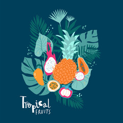 Tropical fruits and jungle leaves composition. Bright and juicy elements in simple elegant style.