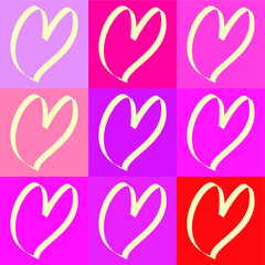 a collection of vector hearts drawn with a white outline on a pink background of different shades. seamless background for valentine's day