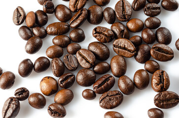 Fragrant roasted coffee beans on a white background close up