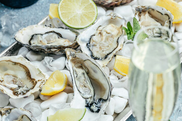 Fresh oysters with lemon and ice. Restaurant delicacy. oysters dish. Oyster dinner with champagne...
