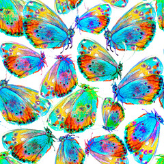 Fototapeta na wymiar Seamless texture with butterflies. A repeating watercolor drawing of moths.A lot of flying insects. Colorful wings. Summer and spring.Scrapbooking paper. Printing on fabric.