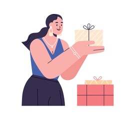 Happy woman with holiday gift box in hands. Person preparing presents and surprises for birthday. Excited female holding pack with bow and ribbon. Flat vector illustration isolated on white background