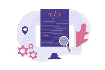 Landing page of software development coding process concept. Designer, programming, testing cross platform code, app. Create, editing script website and mobile devices. Technology software of business