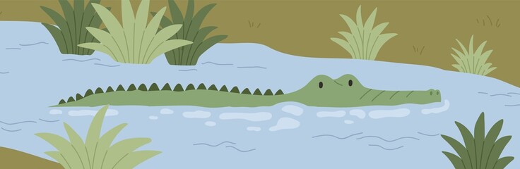 Crocodile in water. Alligator swimming in Nile river. Wild gator in Africa nature. African green croc in tropical lake, panoramic view. Predator in wilderness. Flat vector illustration