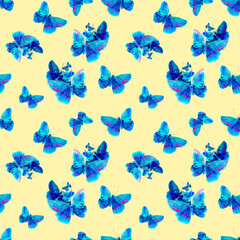 Fototapeta na wymiar Seamless texture with butterflies. A repeating watercolor drawing of moths.A lot of flying insects. Colorful wings. Summer and spring.Scrapbooking paper. Printing on fabric.