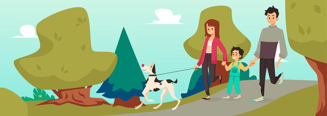 Family walks together outside in park with dog in flat vector illustration