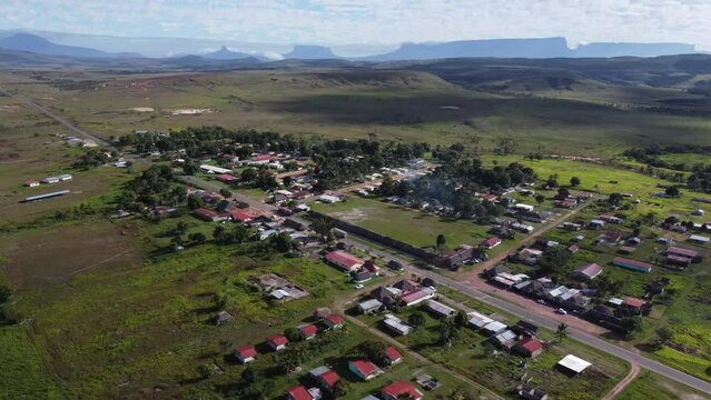 Aerial shot of the indigenous village of San Francisco de Yuruani in the Gran Sabana, Venezuela
