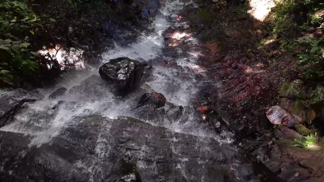 Overhead aerial shot of the waterfall known as El Velo de la Novia, located in the Gran Sabana in Venezuela