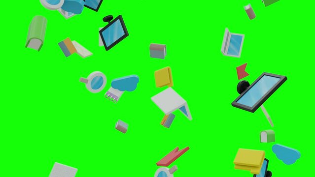 Cloud Computing Data Icons Falling On The Green Screen with Alpha Matte