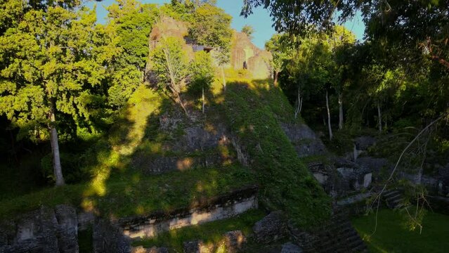 Old Mayan Ruin in the Jungle in Guatemala, Nakum archeological site, rotted Pyramid structure