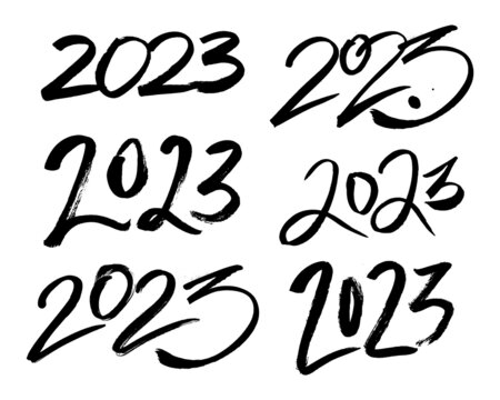 2023 brush stroke lettering set. Grunge texture handwritten design element for calendar, New Year greeting card. Hand drawn black inscription.