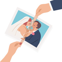 Wife and husband hands stick tape on torn wedding photo. Recovery from break up and divorce concept. Flat vector cartoon illustration.