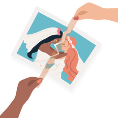 Lesbian couple hands stick tape on torn wedding photo. LGBT recovery from Break up and divorce concept. Flat vector cartoon illustration.