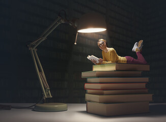 Tiny woman reading books in a dark library