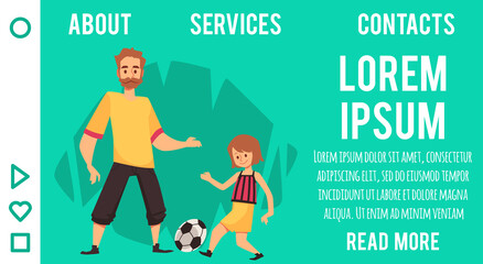 Website page with father and child playing together, flat vector illustration.