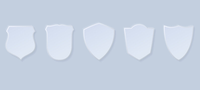 3D blue shield neumorphic icons collection. Protect, security, defense, family crest, heraldry protect shield set. Set of different shields. Vector illustration