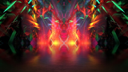 Color futuristic showcase scene background. Modern dark neon fantastic reflection showcase background, glowing bright elements. 3d render