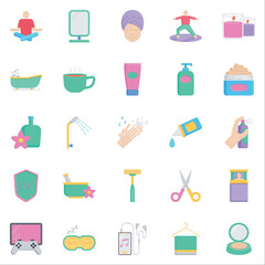 Best Collection of Self Care Icons with Flat Style Includes Yoga, Meditation, Face Mask, Shower, Lotion, Tea. Perfect for Websites, Advertisements, Banners, Posters, Billboards, Templates, Logos.