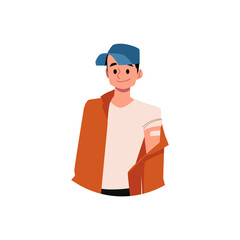 Young man vaccinated for COVID, face vector illustration. Cartoon avatar, boy after vaccine shot, isolated.