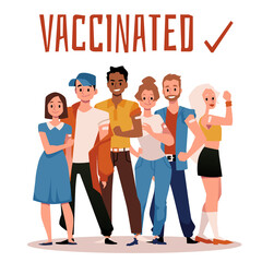 Group of happy vaccinated people stand showing bandage on their arms. Covid vaccine poster, vector illustration. - obrazy, fototapety, plakaty