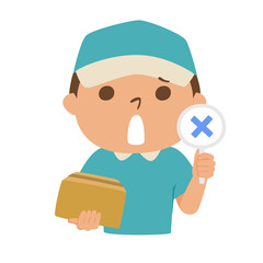 ダンボールを持った配達業者の男性のイラスト。不正解のバツマークを持っている男性。