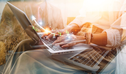 planning and strategy, Stock market, Business growth, progress or success concept. Businessman or trader is showing a growing virtual hologram stock, invest in trading.