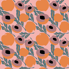 Fresh peach seamless pattern, vector background with abstract fruit, hand drawn pattern for textiles