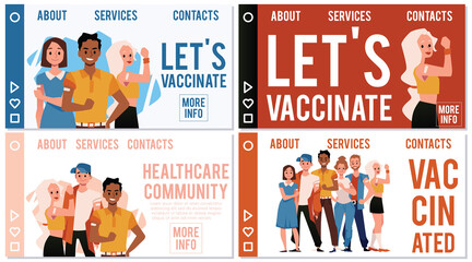 Young people vaccinated for COVID, healthcare vector poster. Diverse persons got their vaccine shot for coronavirus. - obrazy, fototapety, plakaty