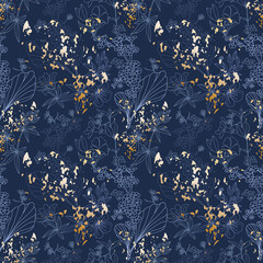 Nahtloses Muster des Blumenvektors. Lineare Zeichnung von Wiesen- und Gartenblumen auf blauem Hintergrund, verziert mit Glitzer.