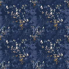 Rollo ohne bohren Blau Gold Nahtloses Muster des Blumenvektors. Lineare Zeichnung von Wiesen- und Gartenblumen auf blauem Hintergrund, verziert mit Glitzer.