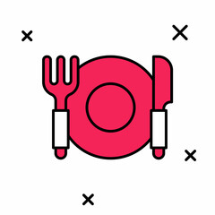 Filled outline Plate, fork and knife icon isolated on white background. Cutlery symbol. Restaurant sign. Vector