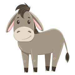Cute donkey vector illustration, isolated on white background. Donkey in flat style, rural farming, can be used for kids cards or posters