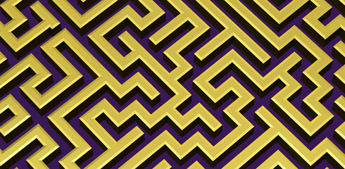 3d illustration. Golden labyrinth on a blue background.