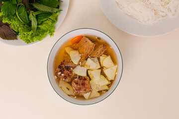 Bun Cha Ha Noi, Vietnamese grilled pork with rice noodles, Vietnamese food isolated on white background, top view