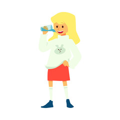 Thirsty teen girl drinking water from a glass flat vector illustration isolated.