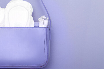 tampons, hygienic panty liners, feminine sanitary pads in a women's cosmetic bag