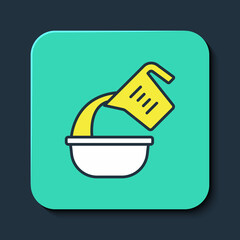 Filled outline Measuring cup pouring liquid into bowl icon isolated on blue background. Plastic graduated beaker with handle. Turquoise square button. Vector