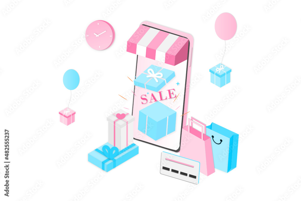 Poster 3d realistic online shopping on landing web page or mobile application concept of vector digital mar