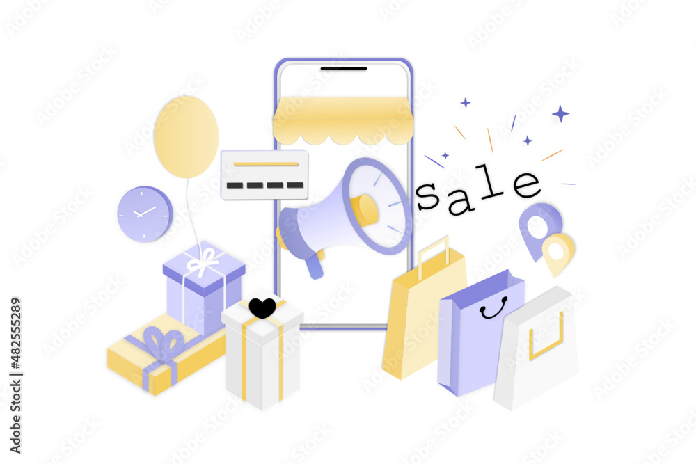 Poster 3d realistic online shopping on landing web page or mobile application concept of vector digital mar