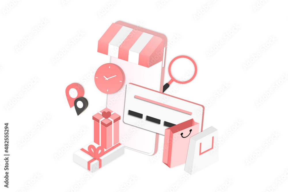Poster 3d realistic online shopping on landing web page or mobile application concept of vector digital mar