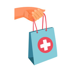 Pharmacy bag with a cross in hand. Delivery of medicinal products.