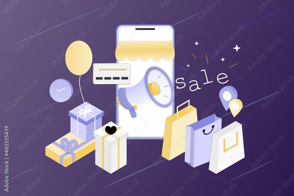 Poster 3d realistic online shopping on landing web page or mobile application concept of vector digital mar